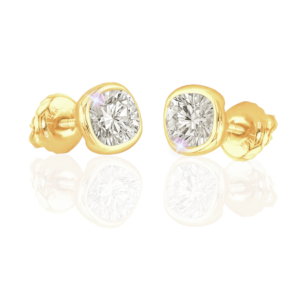 14K Solid Gold Moissanite Cushion Cut Bezel Stud Earrings | 4.5 x 4.5mm | 1 CTW | Screw Back Posts