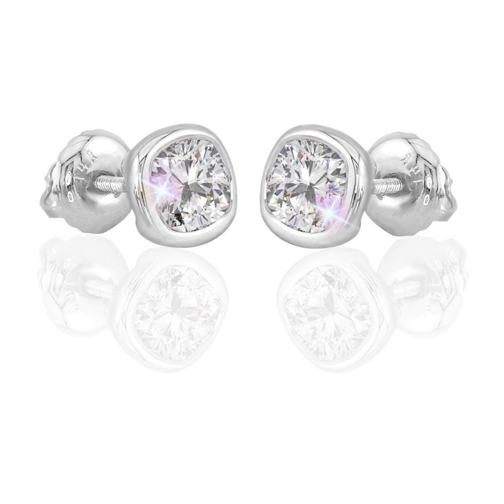 14K Solid Gold Moissanite Cushion Cut Bezel Stud Earrings | 4.5 x 4.5mm | 1 CTW | Screw Back Posts