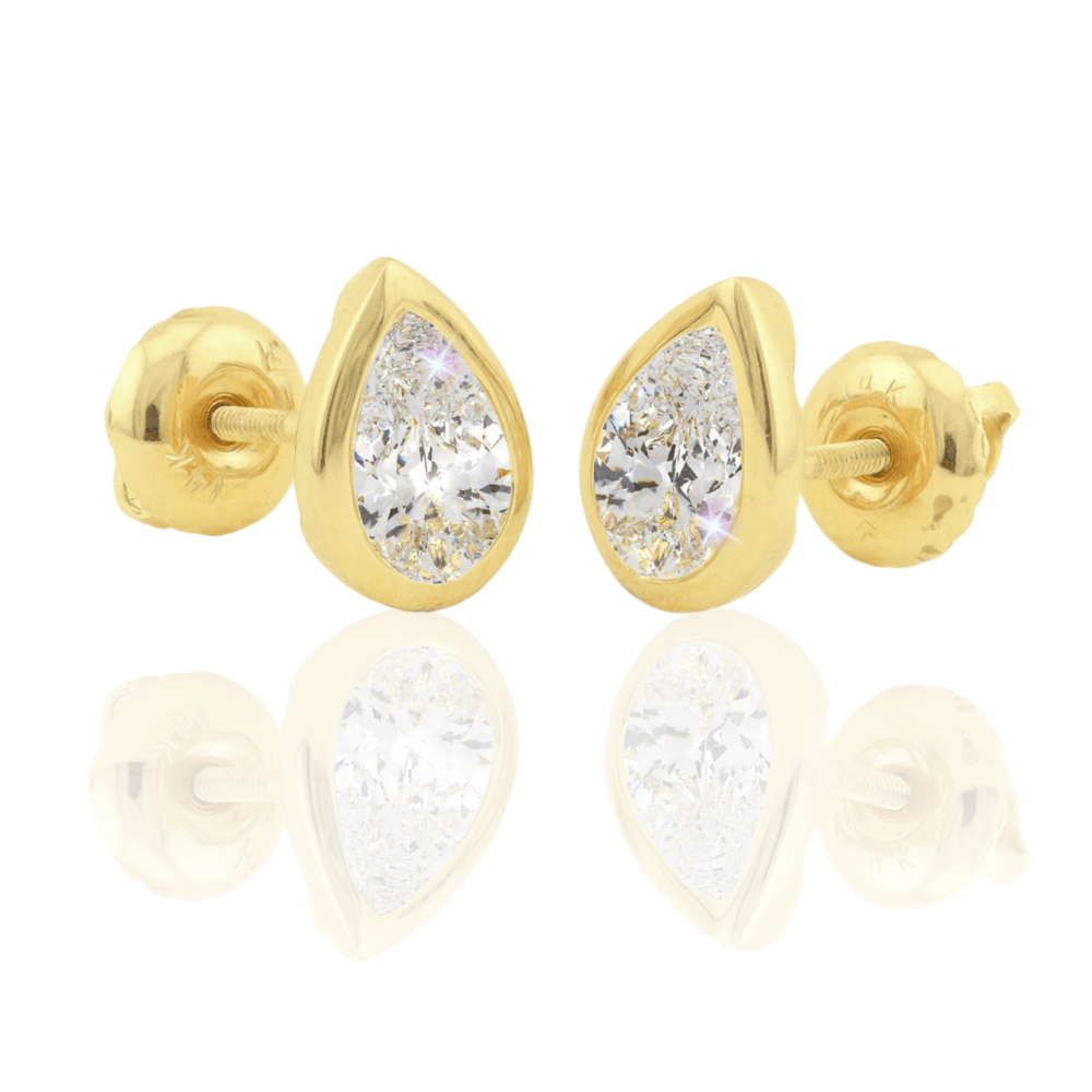 14K Solid Gold Moissanite Pear Shape Bezel Stud Earrings | 6 x 4mm | 1 CTW | Screw Back Posts