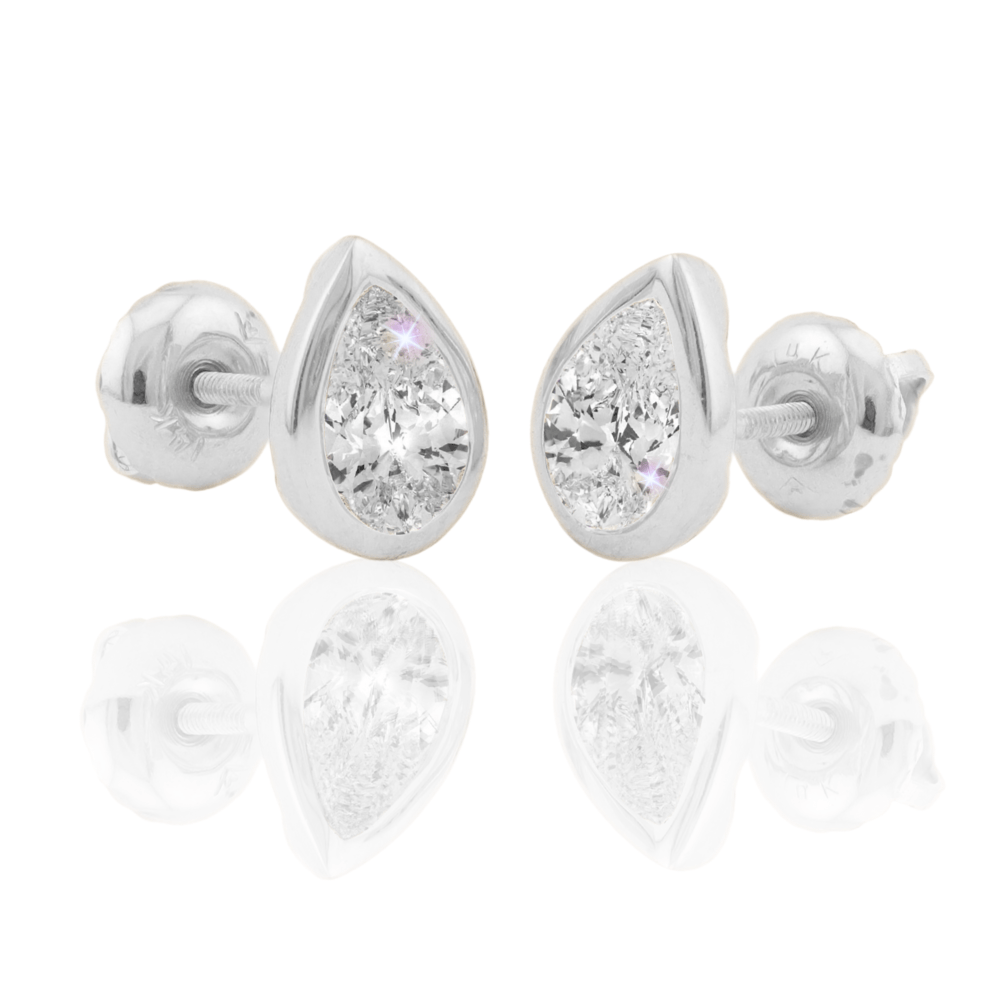 14K Solid Gold Moissanite Pear Shape Bezel Stud Earrings | 6 x 4mm | 1 CTW | Screw Back Posts