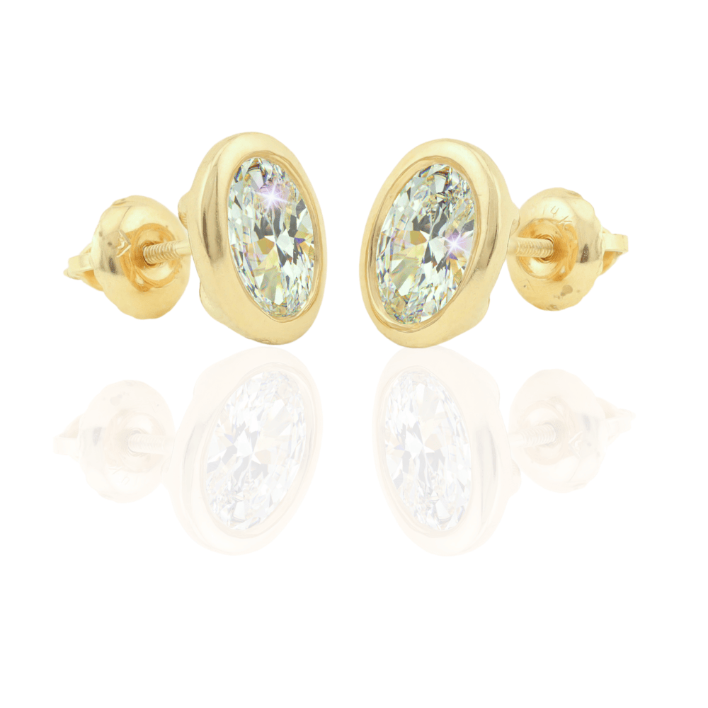 14K Solid Gold Moissanite Oval Shape Bezel Stud Earrings | 7 x 5mm | 2 CTW | Screw Back Posts