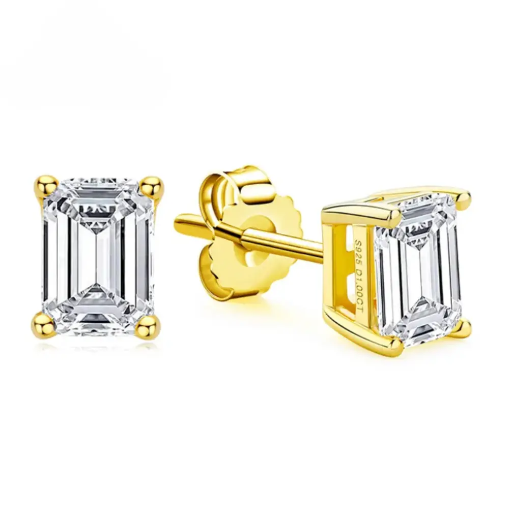 2 CTW Moissanite Stud Earrings | 7x5mm Emerald Cut | D VVS1 | 14K Gold Plated or Rhodium Plated Sterling Silver | 4 Prong