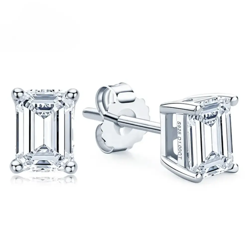 2 CTW Moissanite Stud Earrings | 7x5mm Emerald Cut | D VVS1 | 14K Gold Plated or Rhodium Plated Sterling Silver | 4 Prong
