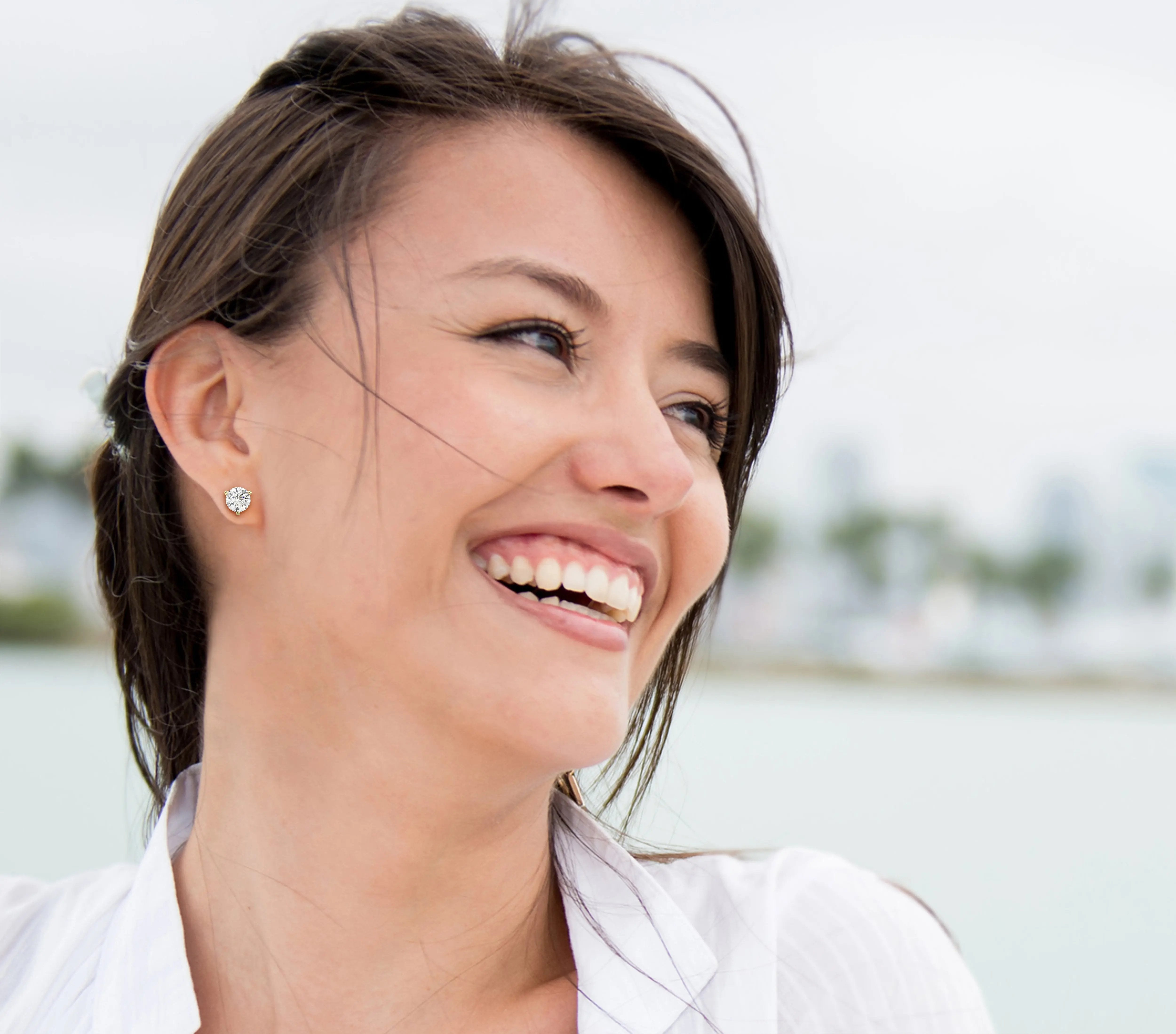 14K Solid White Gold Lab Grown Moissanite Round 3-Prong Stud Earrings