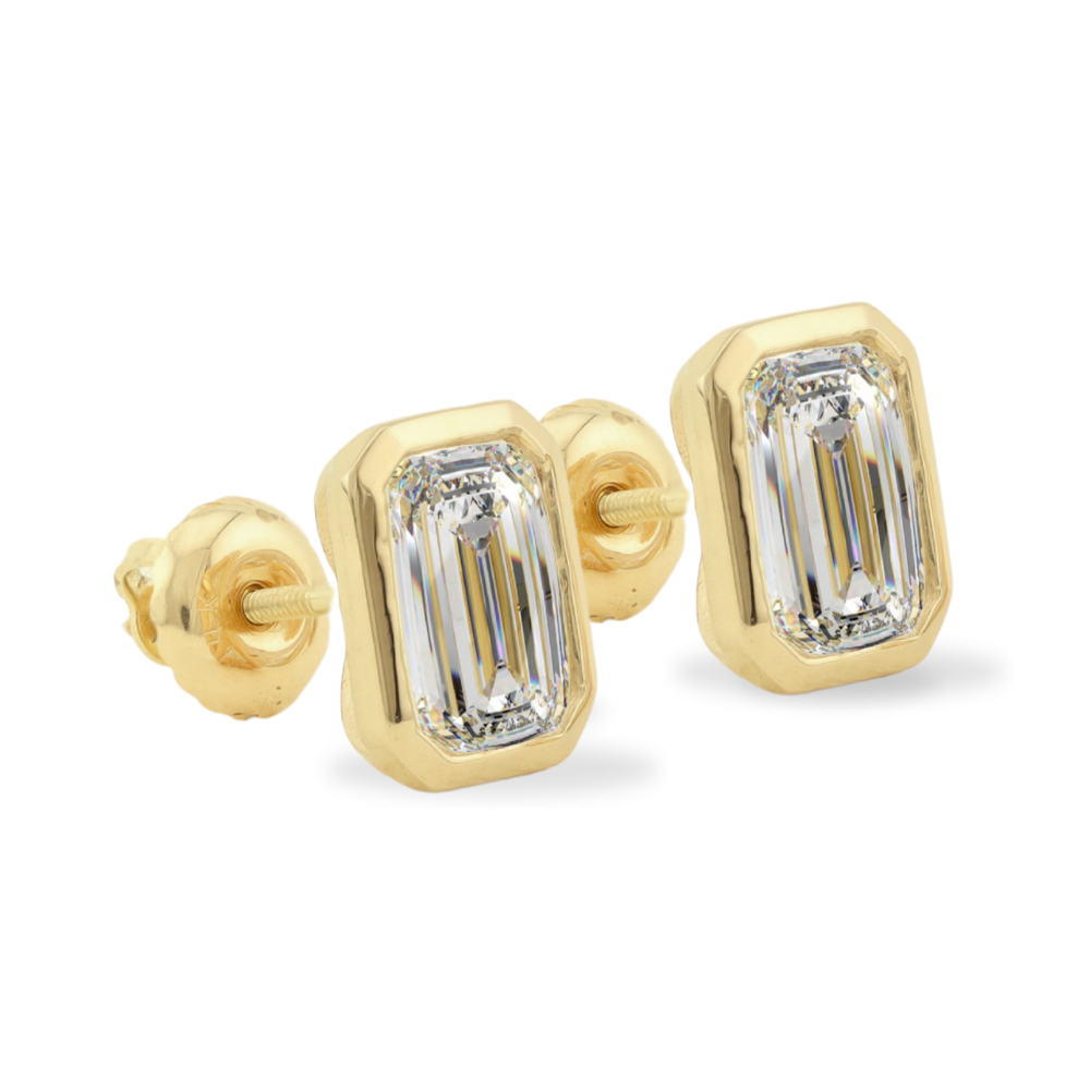 14K Solid Gold Moissanite Emerald Shape Bezel Stud Earrings | 7 x 5mm | 2 CTW | Screw Back Posts