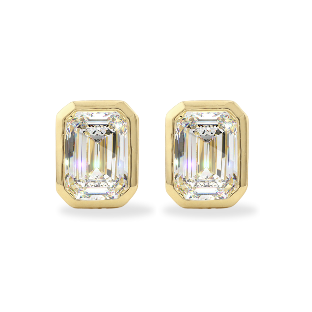 14K Solid Gold Moissanite Emerald Shape Bezel Stud Earrings | 7 x 5mm | 2 CTW | Screw Back Posts