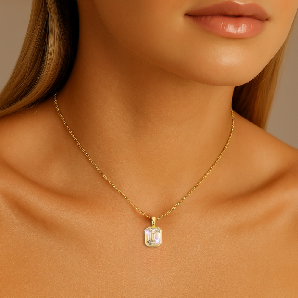 14K Solid Gold Moissanite Emerald Cut Bezel Pendant | 1.10 or 4.0 CTW | Pendant Only