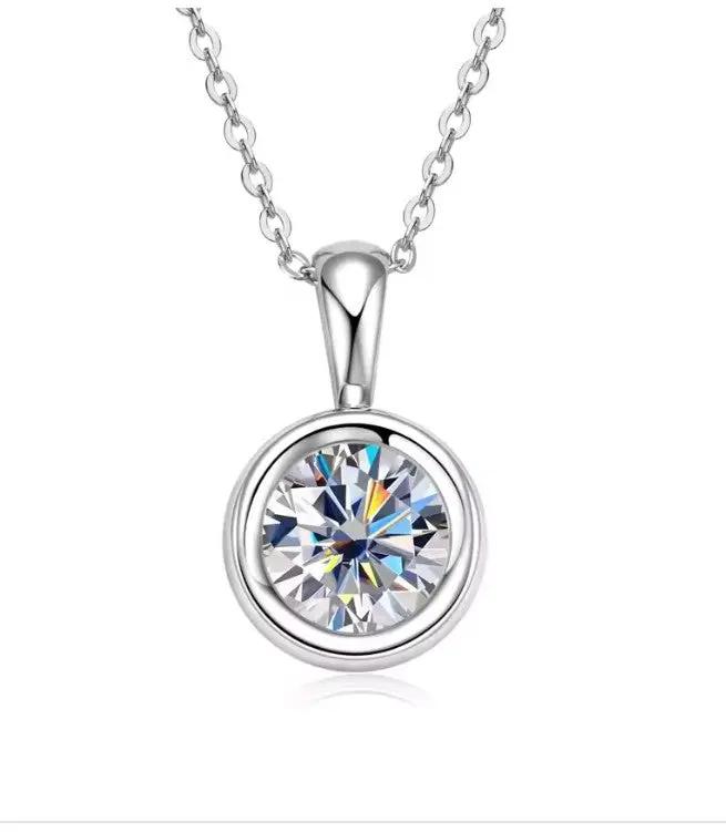 925 Sterling Silver Moissante Round Bezel Necklace | 8mm | 2 CTW