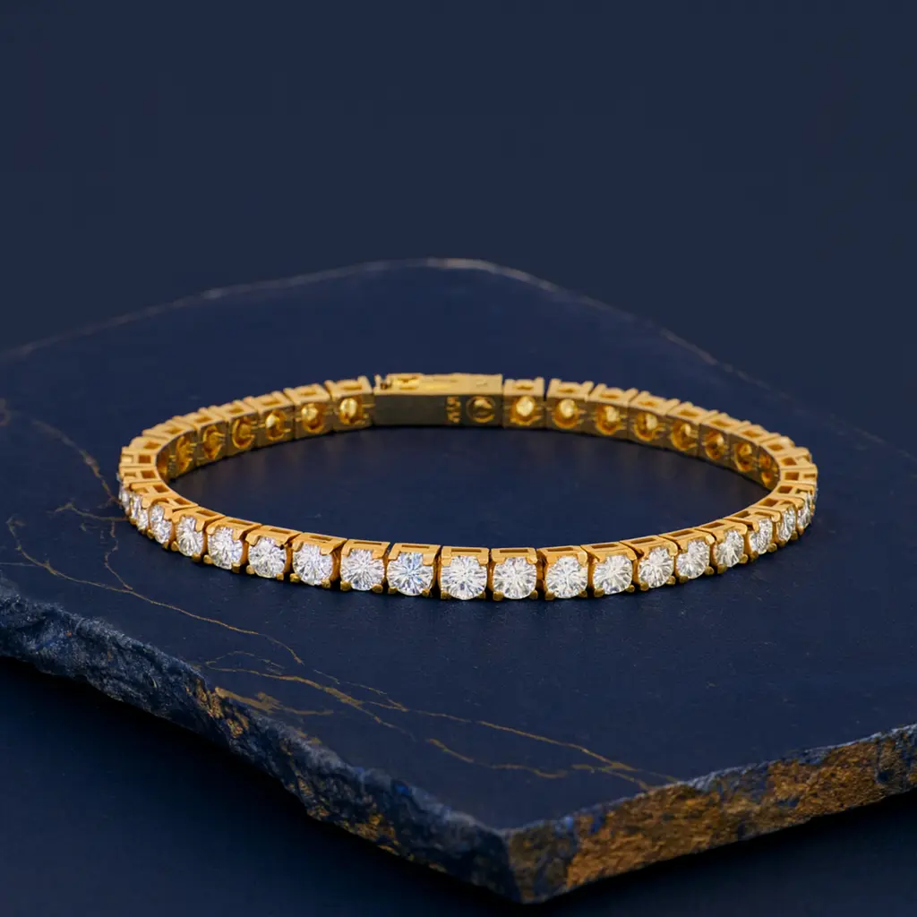24K Yellow Gold Plated or Rhodium Plated over 925 Sterling Silver Moissanite Classic Tennis Bracelet | Round Cut | Square Setting | 7.0 Inches Adora Fine Jewelry