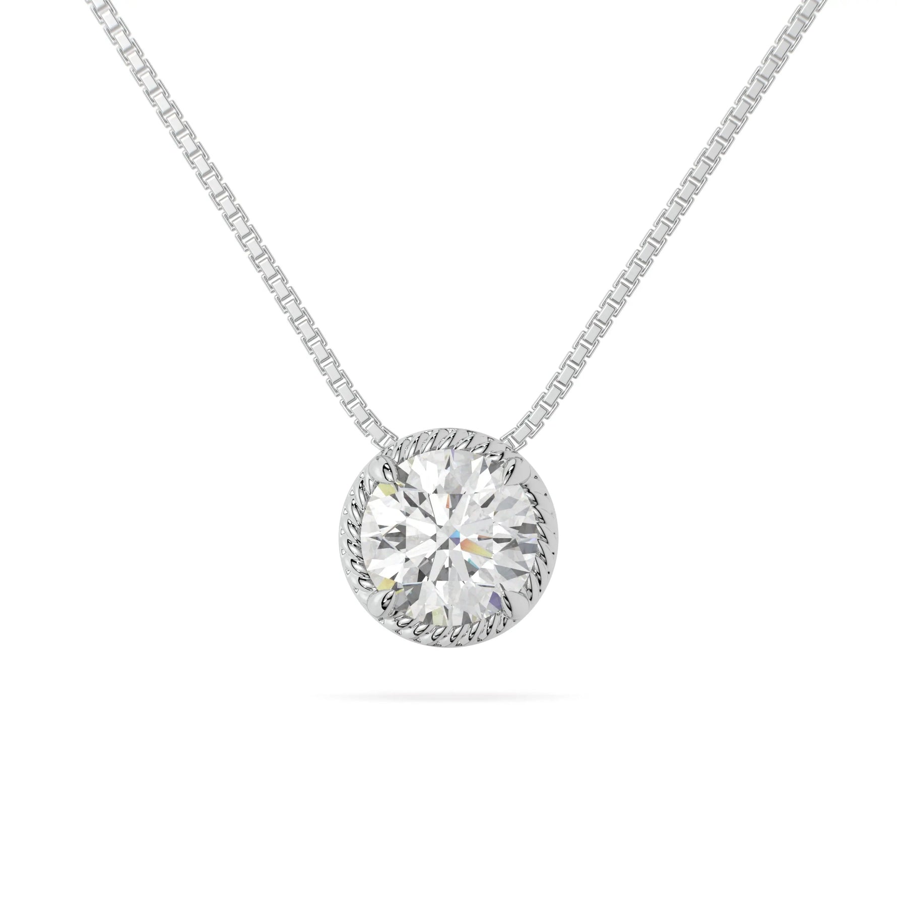 14k White gold round rope bezel slider moissanite pendant necklace close up, adora fine jewelry