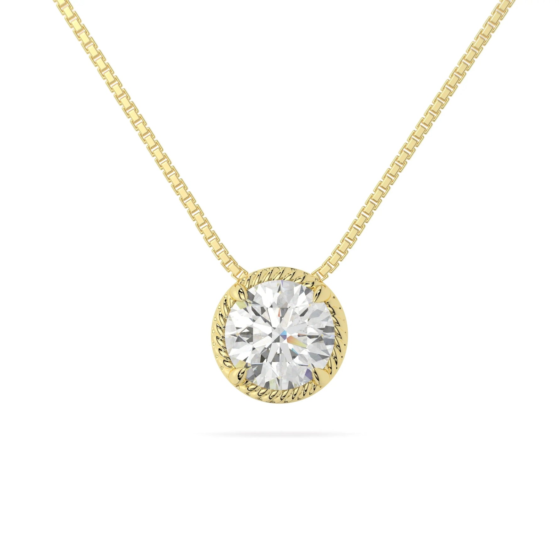 14k Yellow gold round rope bezel slider moissanite pendant necklace Close up, adora fine jewelry