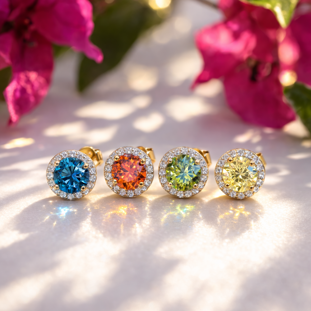 Color Moissanite Halo Stud Earrings | 5mm Center Stone | 1.24 CTW | Rhodium or 18K Gold Plated Sterling Silver | Gift Ready