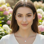 14k Yellow gold round rope bezel slider moissanite pendant necklace with model close up, adora fine jewelry