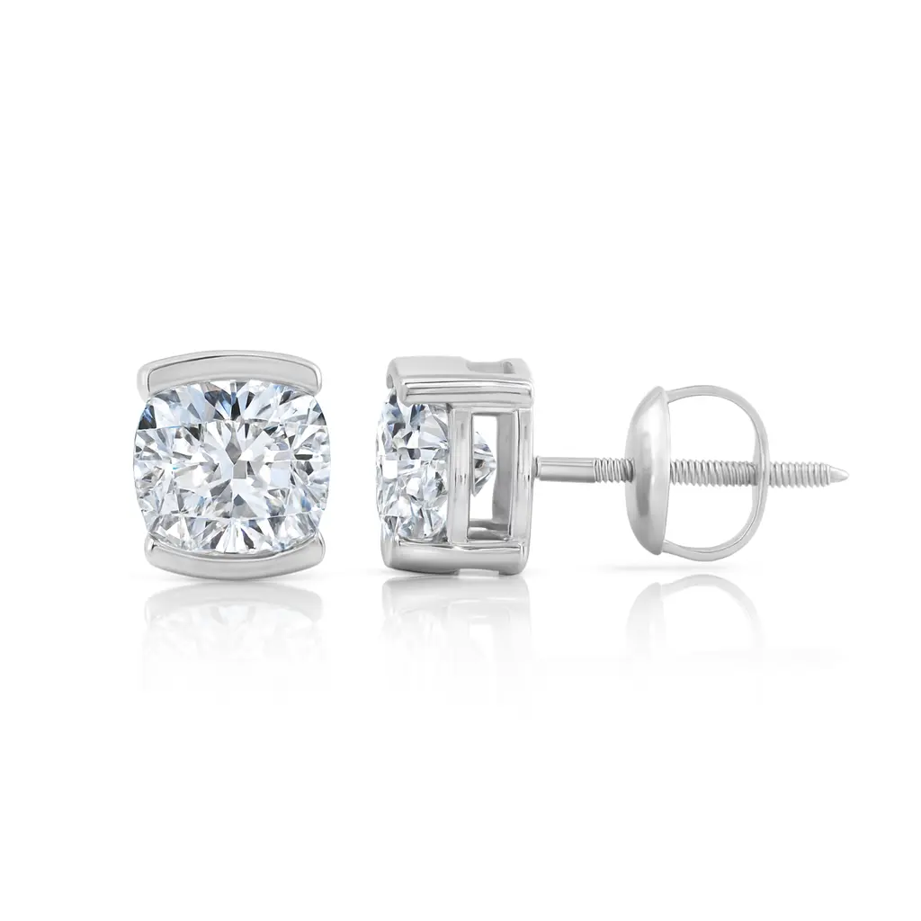14K Solid Gold Moissanite Cushion Cut Half Bezel Stud Earrings | 5.5 x 5.5mm | 1.6 CTW | Screw Back Posts Adora Fine Jewelry