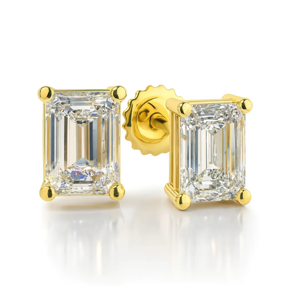 14K Yellow Gold emerald cut moissanite stud earring with screw back