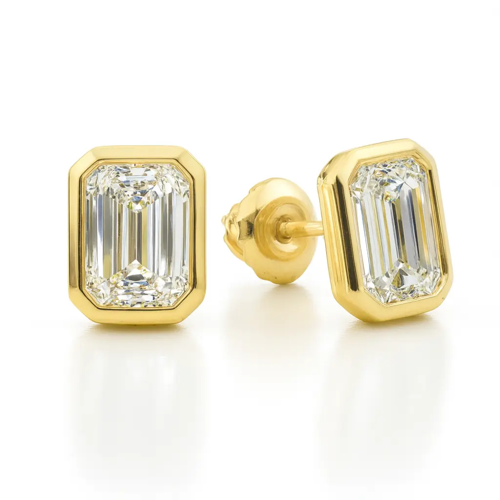 14K Solid Gold Moissanite Emerald Shape Bezel Stud Earrings | 7 x 5mm | 2 CTW | Screw Back Posts Adora Fine Jewelry