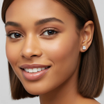 14K Solid Gold Asscher Cut VVS Moissanite Earring with model close up - Adora Fine Jewelry