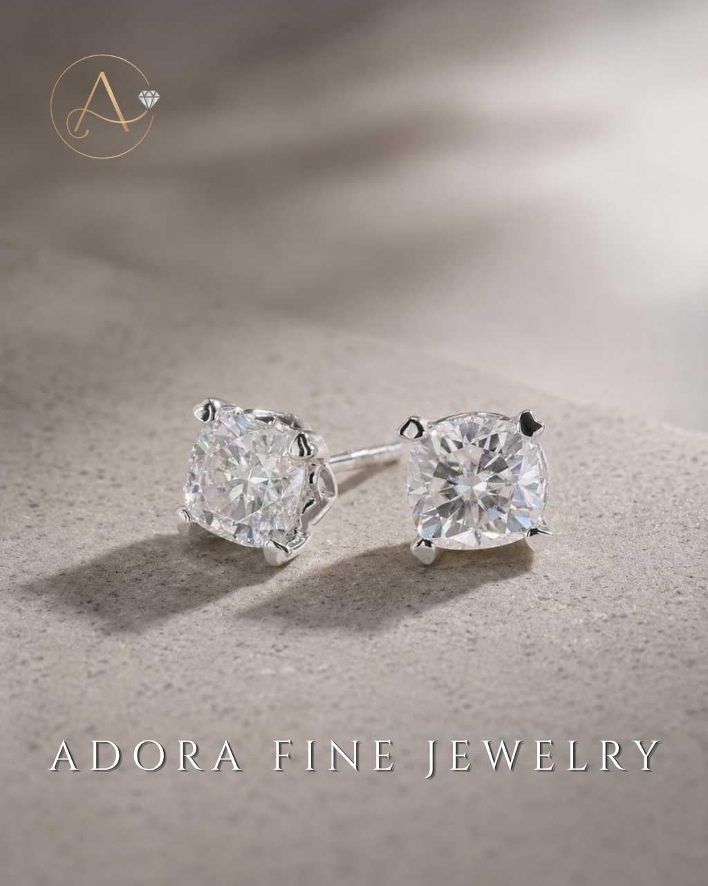 Cushion Diamond Open Heart Basket Stud Earring White Gold