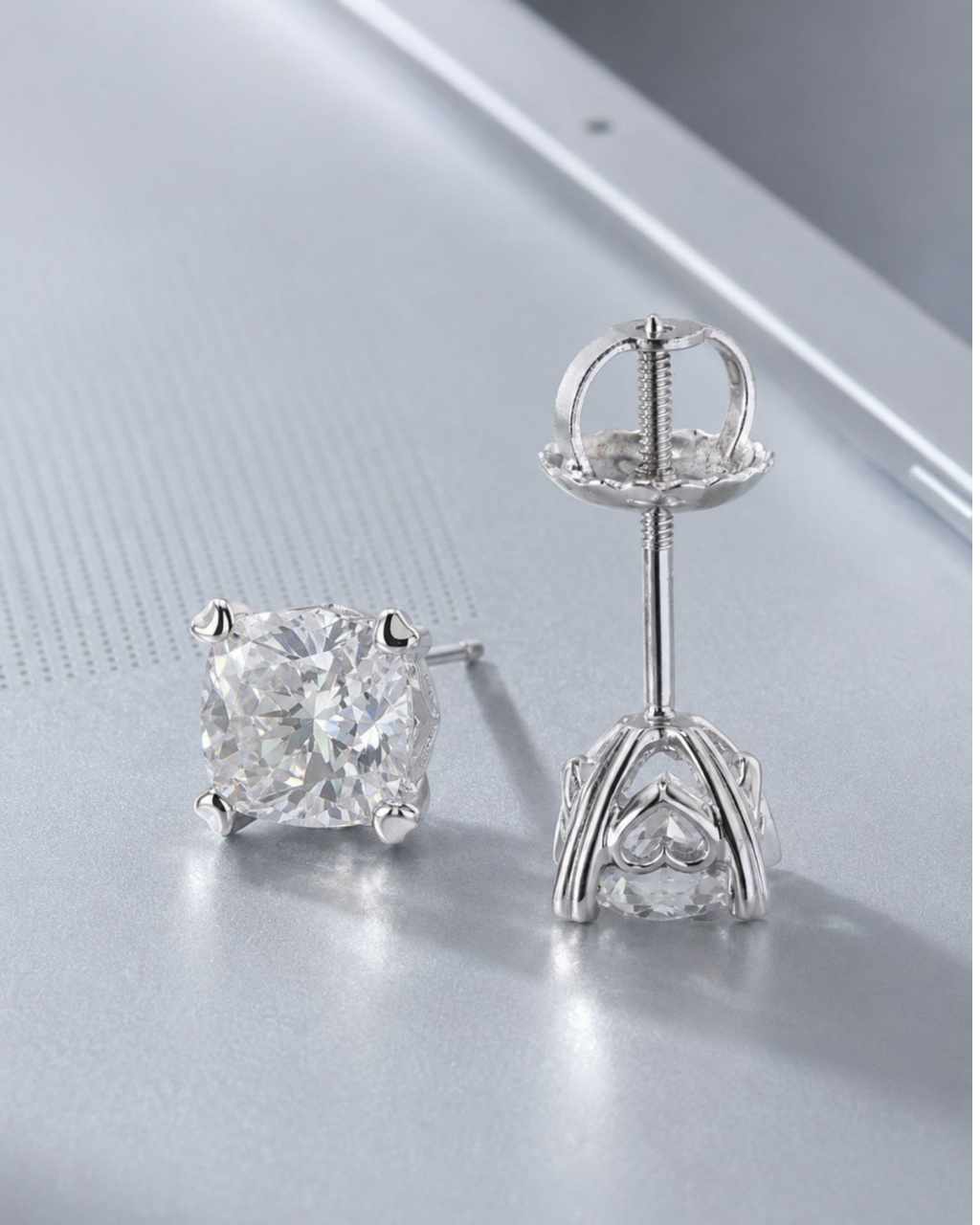 14K Solid Gold Cushion Moissanite - Open Heart Gallery Earrings