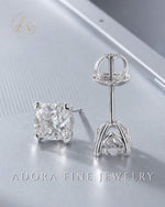 Cushion Diamond Open Heart Basket Stud Earring White Gold
