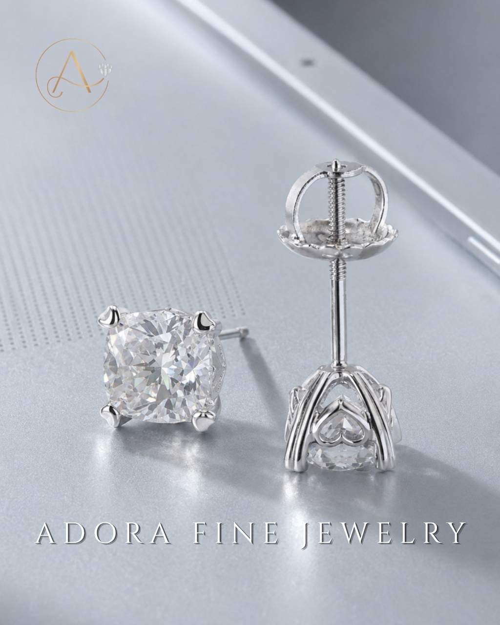 Cushion Diamond Open Heart Basket Stud Earring White Gold
