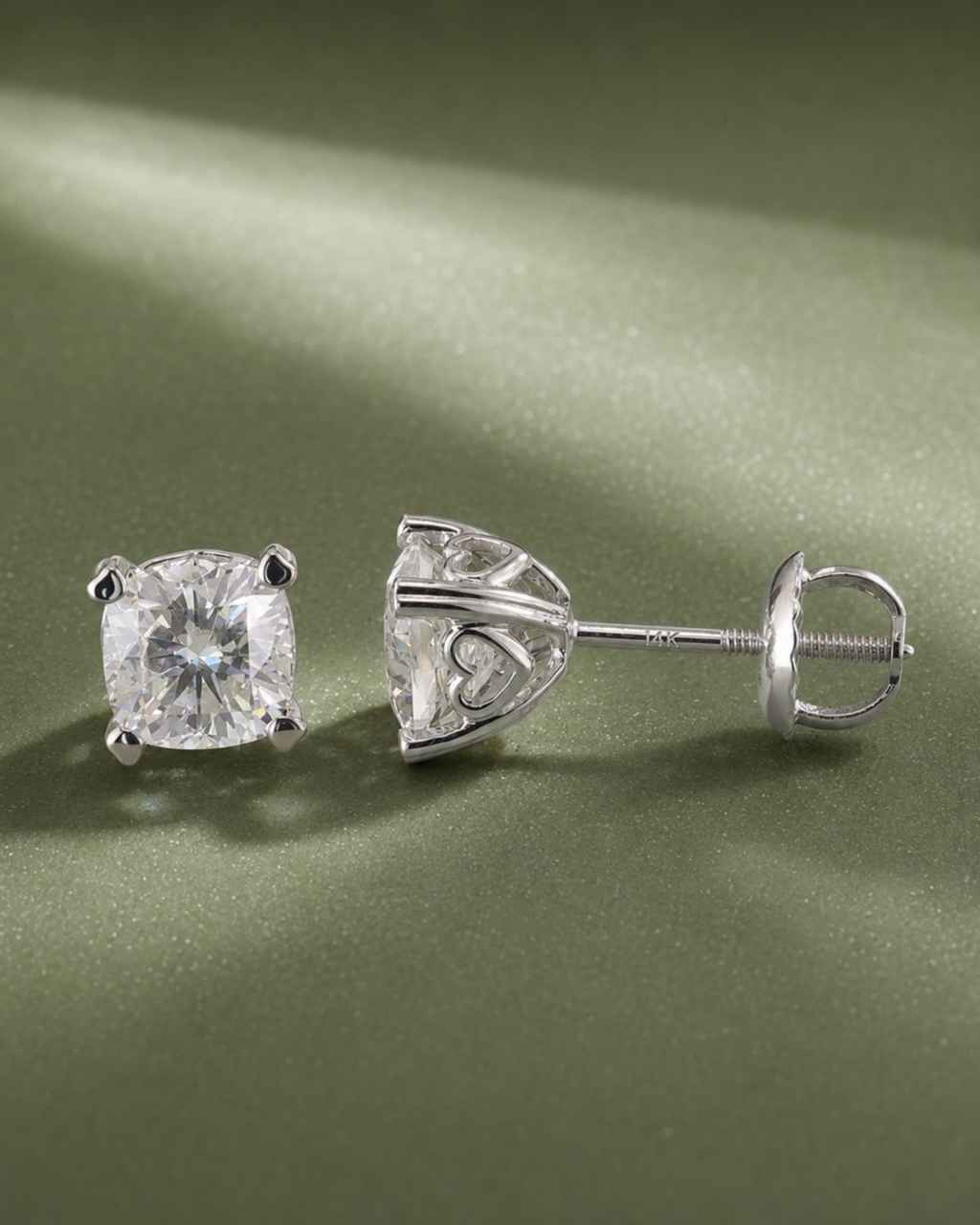 Cushion Diamond Open Heart Basket Stud Earring White Gold