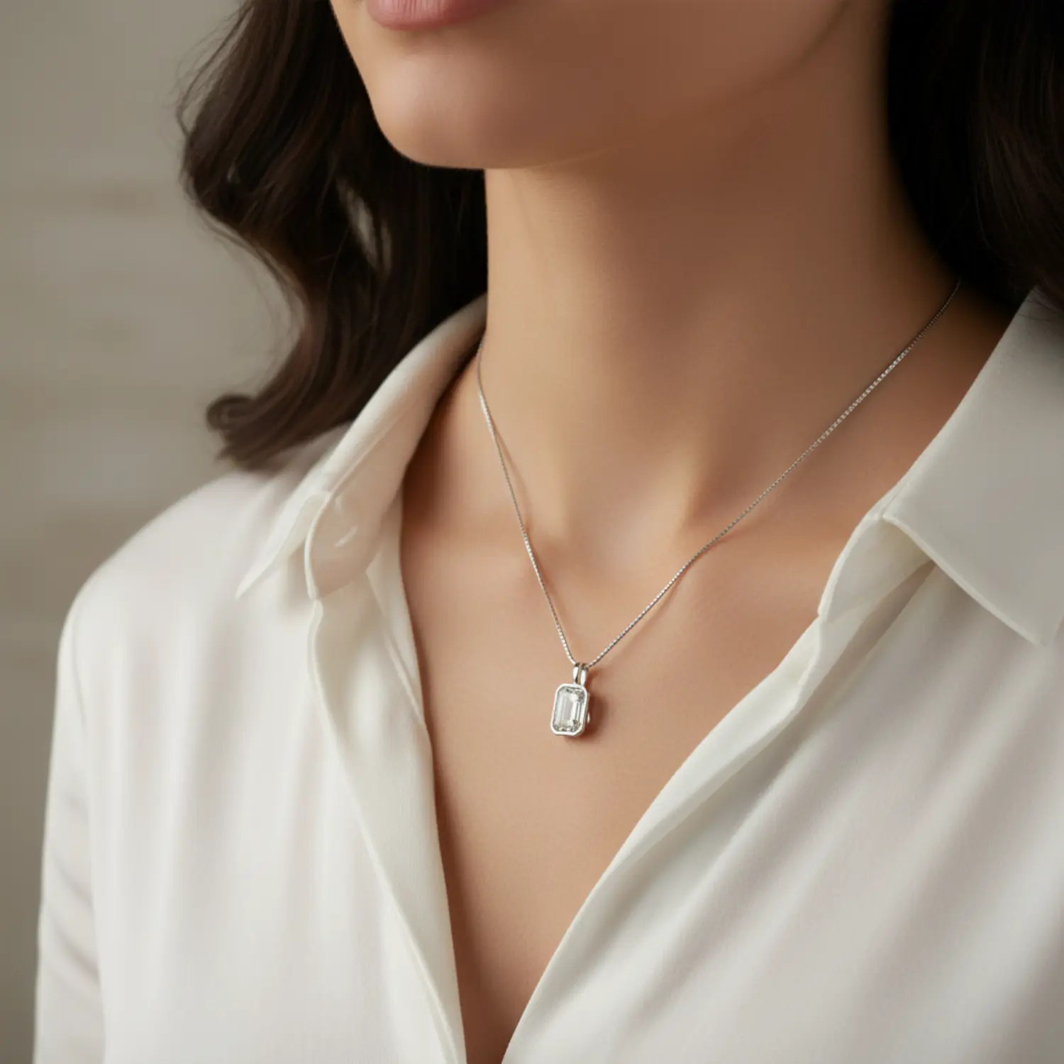 14K Gold Emerald Cut  VVS Moissanite Bezel Pendant in white gold with model