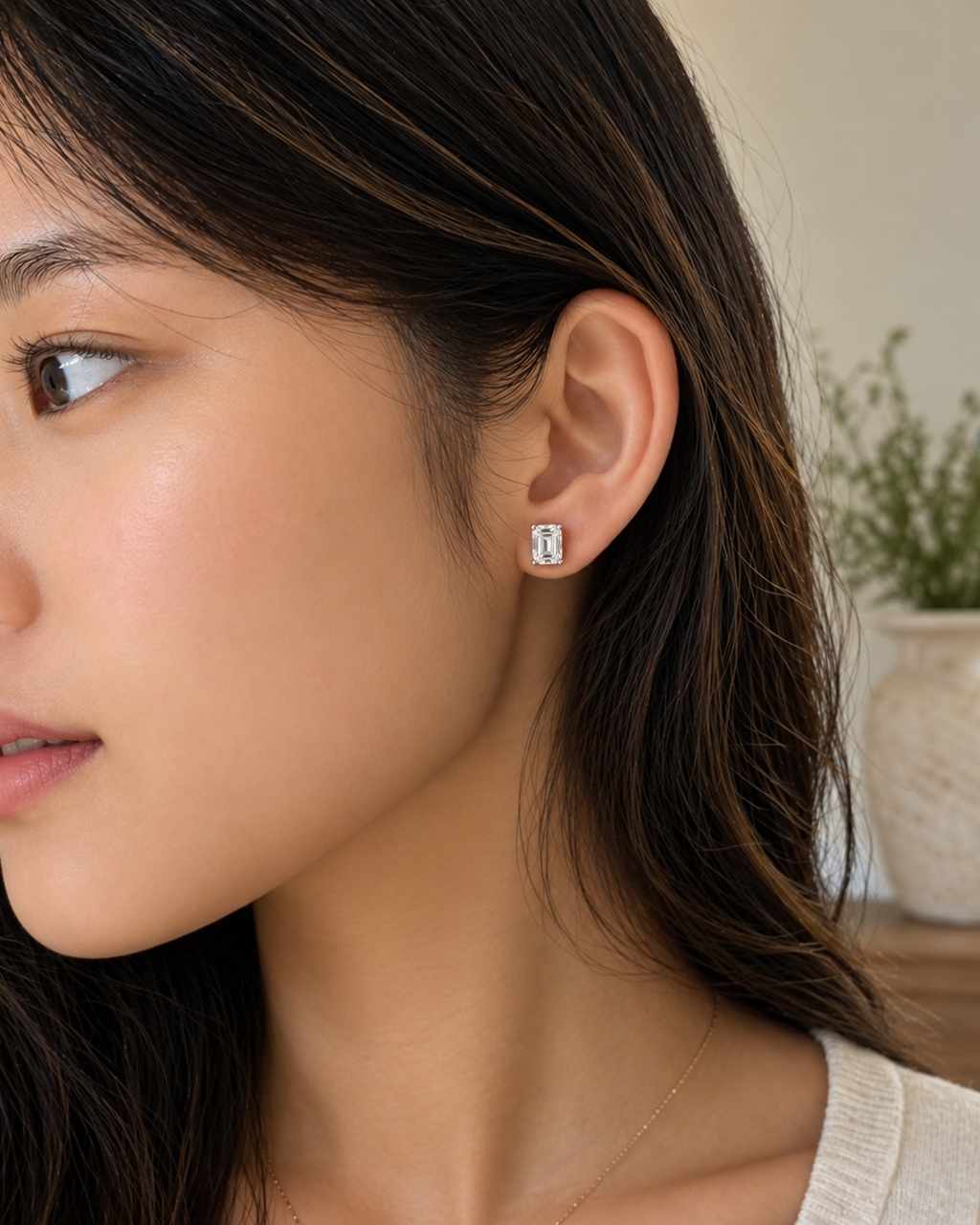 14K solid gold emerald cut moissanite stud earring worn on model's ear
