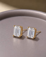 14K solid yellow gold emerald cut moissanite screw back stud earrings, pair