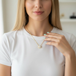 14k Yellow gold round rope bezel slider moissanite pendant necklace with model, adora fine jewelry