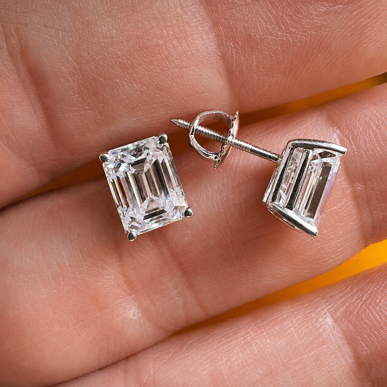 14K Solid Gold Emerald Cut Moissanite Earrings