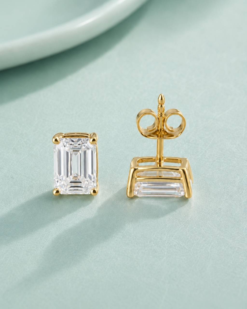 14K solid yellow gold emerald cut moissanite push back stud earrings, front and back view