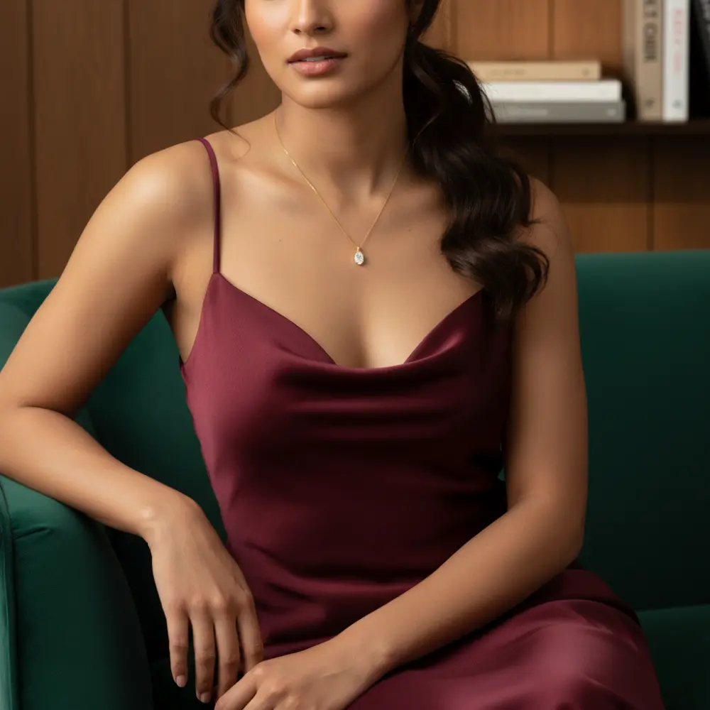 14K Gold Half Bezel Oval Shaped VVS Moissanite Pendant Necklace close up, Adora Fine Jewelry