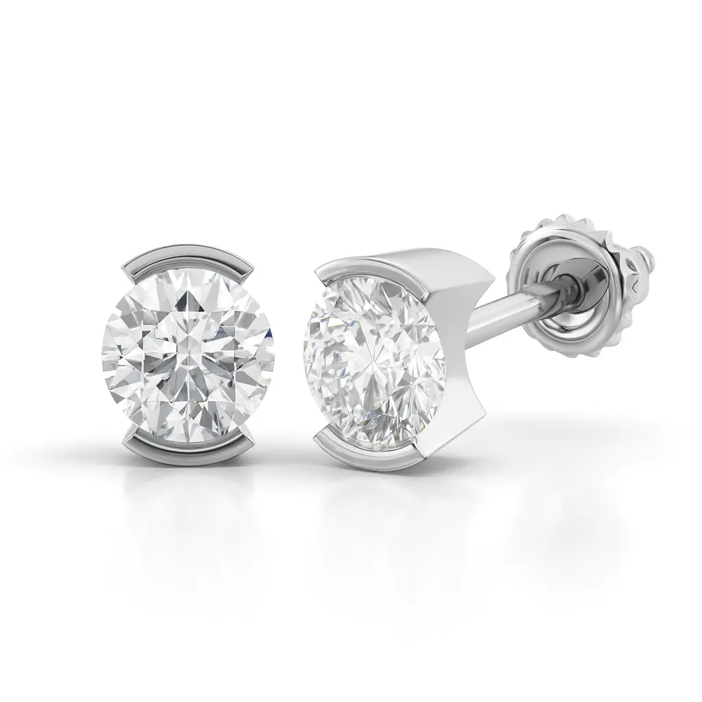 14K Solid Gold Lab Grown Moissanite Round Half Bezel Stud Earrings Adora Fine Jewelry