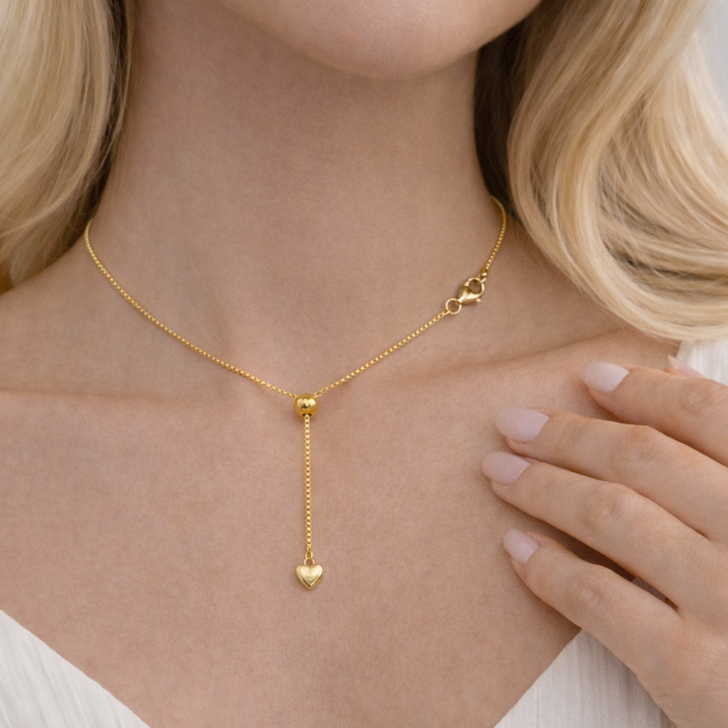 Adjustable Box Chain 925 Sterling Silver, 19 Inch, Rhodium & 18K Gold, Heart Charm, Pendant Necklace