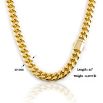 Gold chain necklace with measurements on a white background