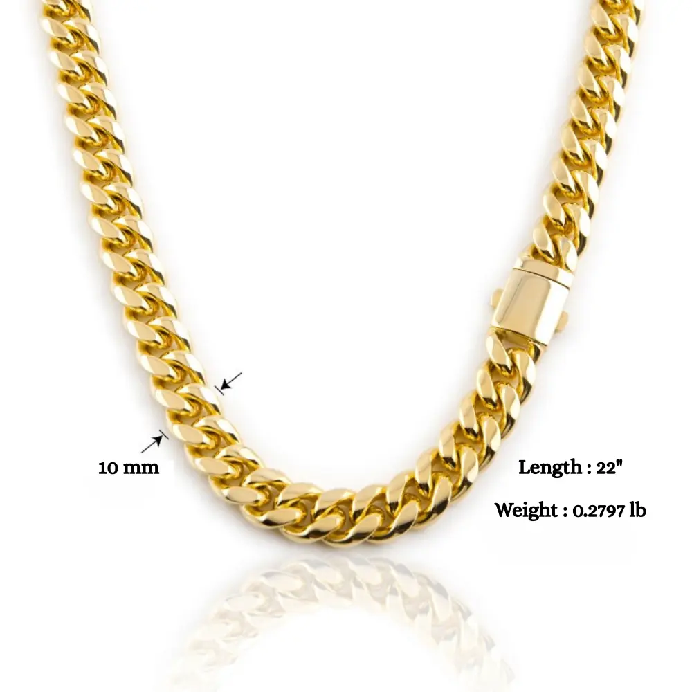 Gold chain necklace with measurements on a white background