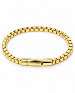 Men's stainless steel box link chain bracelet, 18K gold plated, barrel push-button clasp