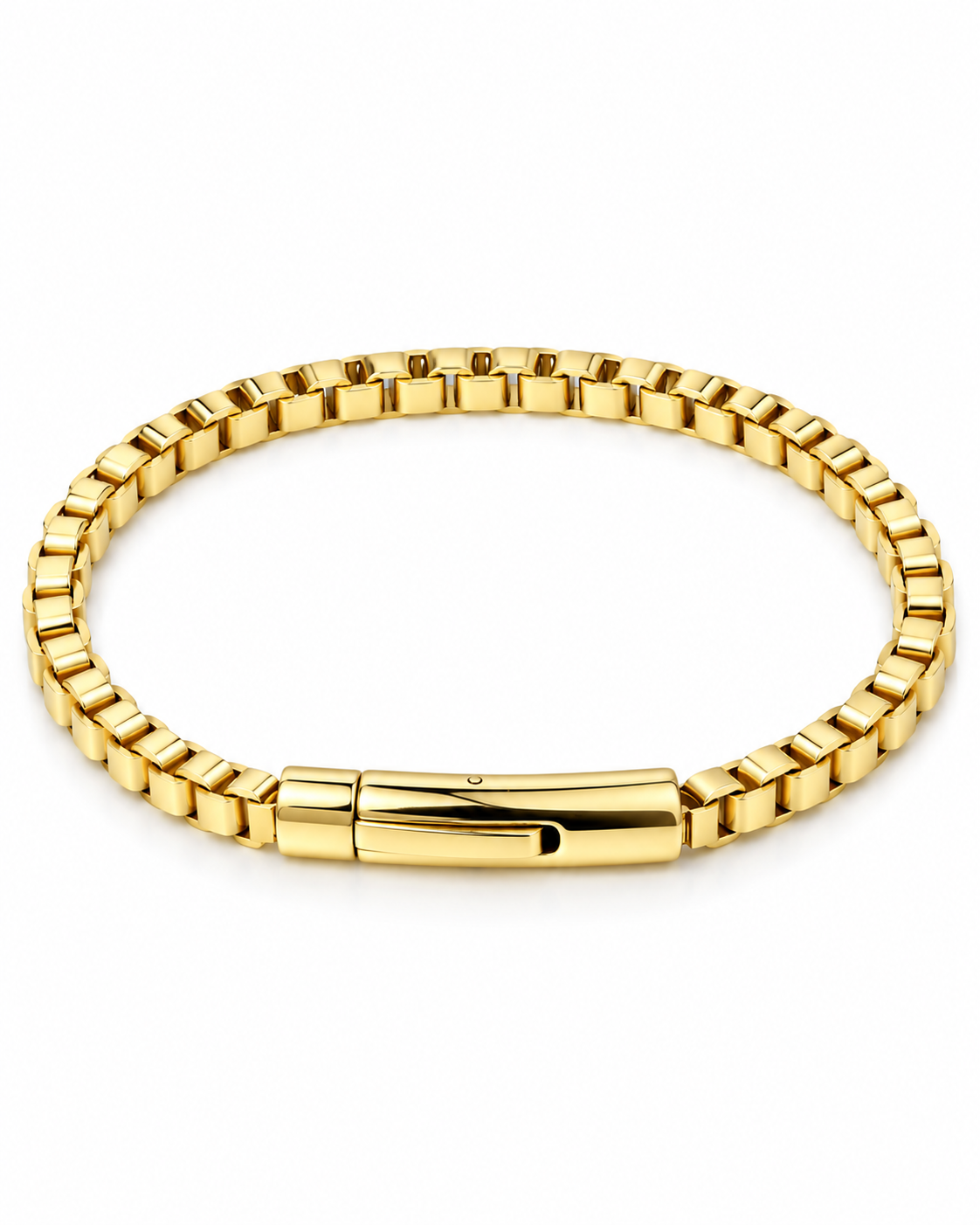 Men's stainless steel box link chain bracelet, 18K gold plated, barrel push-button clasp