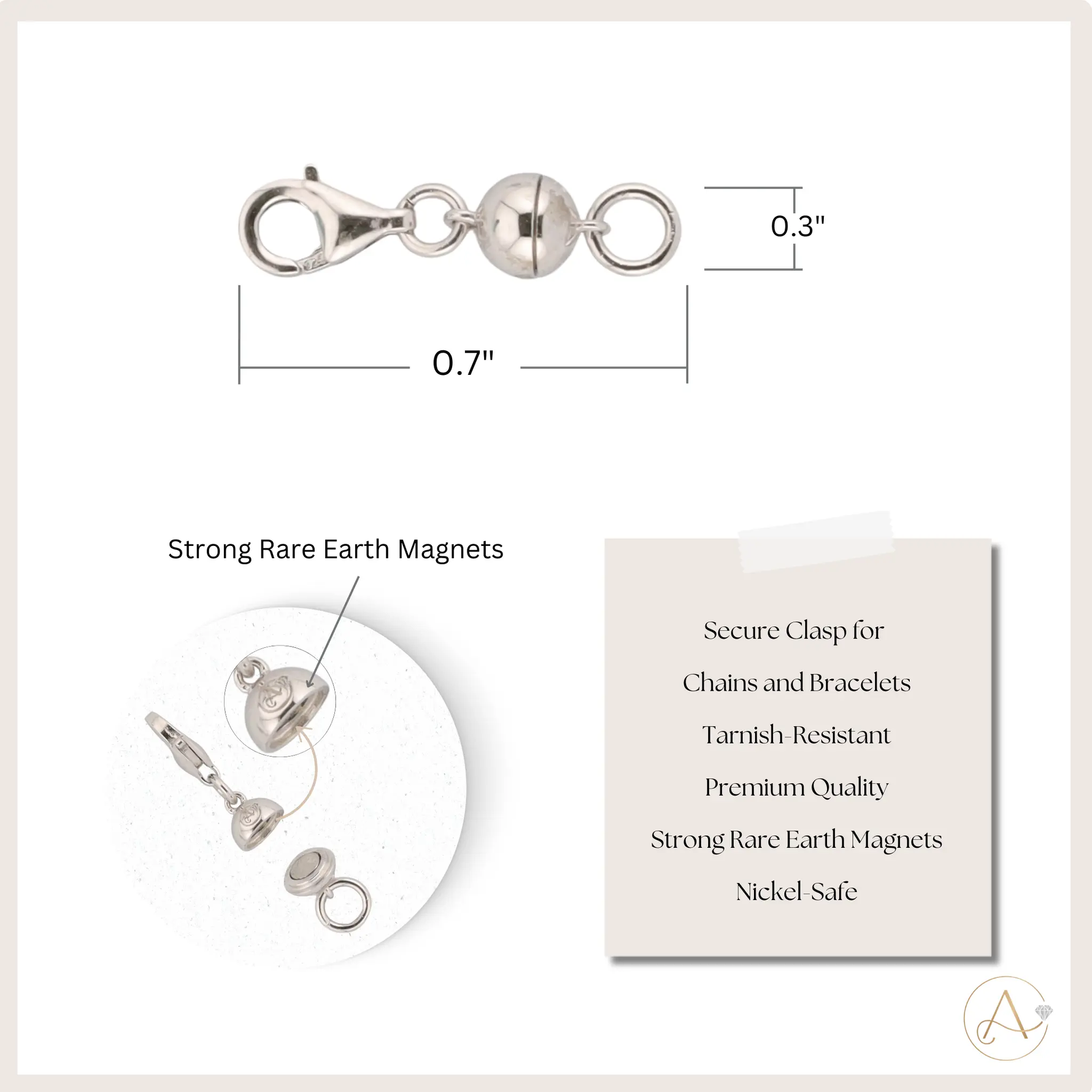 New Launched! Yellow Gold Plated or Sterling Silver Magnetic Clasp with Lobster Clasp | 0.62 inch | 1 CLASP ONLY Adora Fine Jewelry