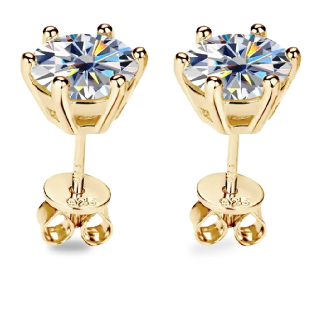 6 CTW Round Moissanite Stud Earrings 14K Yellow Gold Plated over Sterling Silver | 6-Prong Solitaire | Adora Fine Jewelry Adora Fine Jewelry