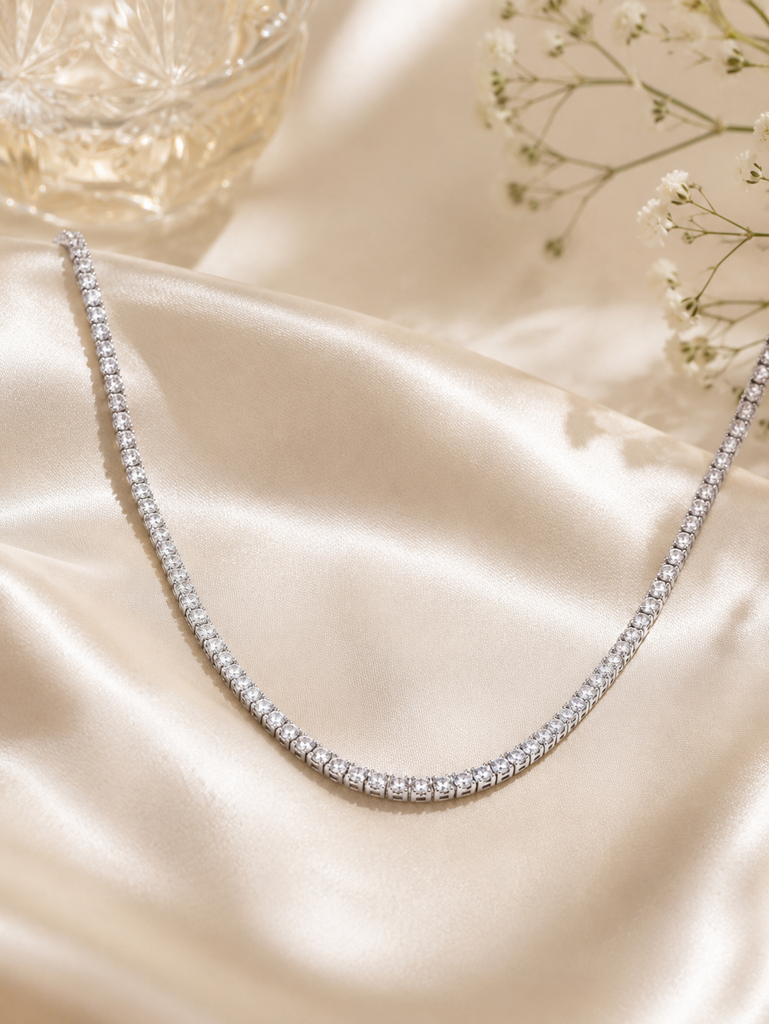 Round Moissanite Tennis Necklace, 12.7-14.5 CTW 3mm D-VVS, Platinum or 14K Gold Plated 925 Silver, 16/18 inch