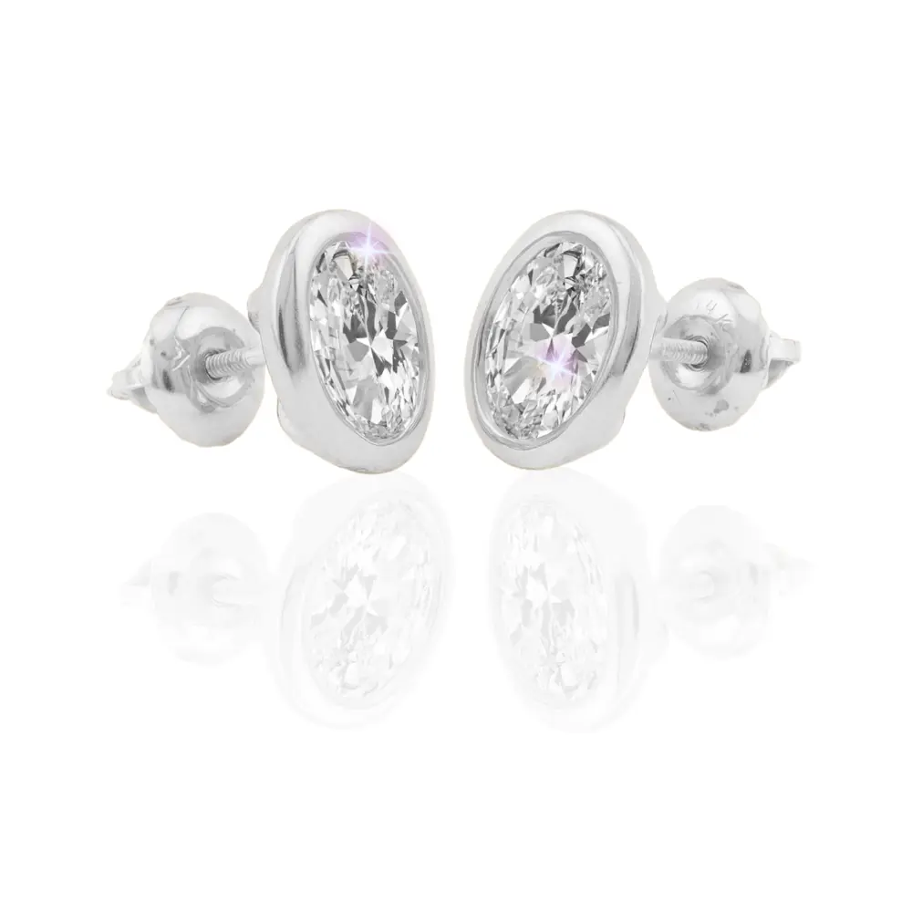 14K Solid Gold Moissanite Oval Shape Bezel Stud Earrings | 7 x 5mm | 2 CTW | Screw Back Posts Adora Fine Jewelry