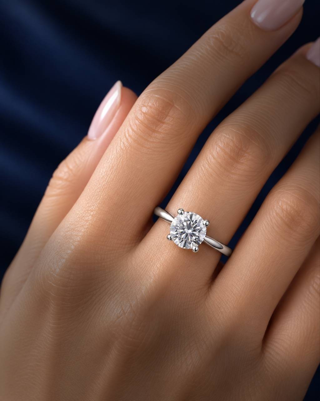 Round four-prong moissanite solitaire engagement ring in polished 14K solid white gold worn on a female ring finger, featuring a brilliant round-cut stone against a deep navy blue background.