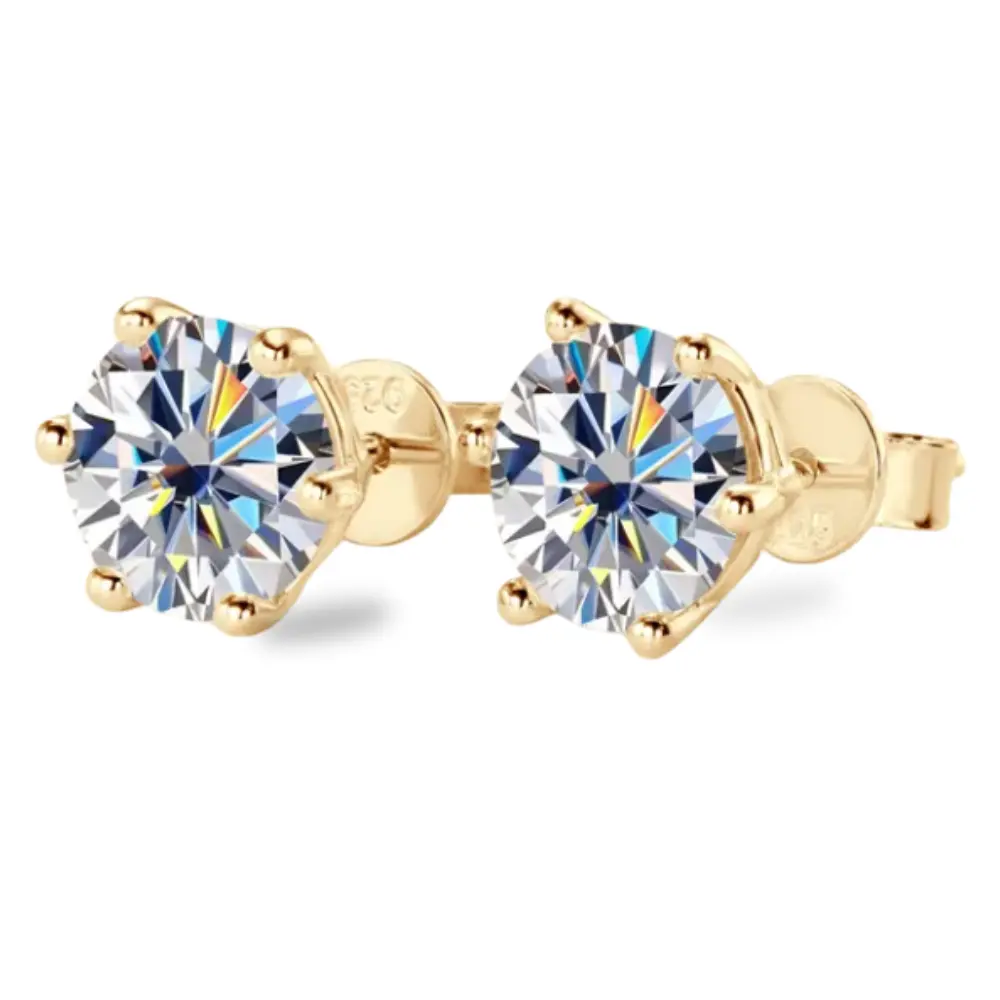 6 CTW Round Moissanite Stud Earrings 14K Yellow Gold Plated over Sterling Silver | 6-Prong Solitaire | Adora Fine Jewelry Adora Fine Jewelry