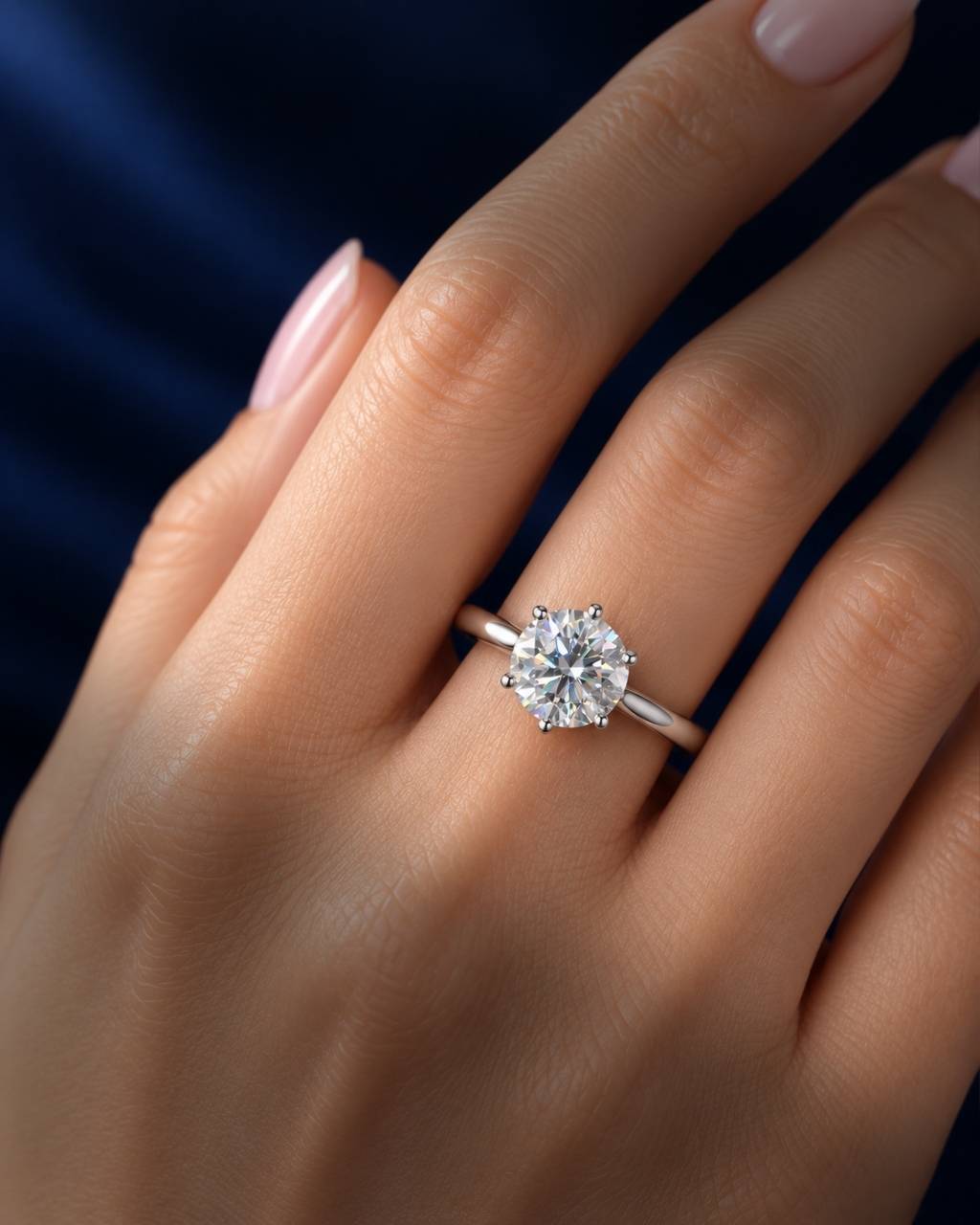 6-prong round moissanite solitaire engagement ring in polished 14K solid white gold worn on a female ring finger, featuring a brilliant round-cut stone against a deep navy blue background.