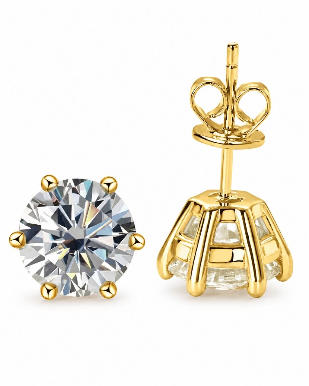 14K Solid Gold 6-Prong Round Moissanite Earrings