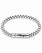 Men's stainless steel box link chain bracelet, rhodium plated, barrel push-button clasp