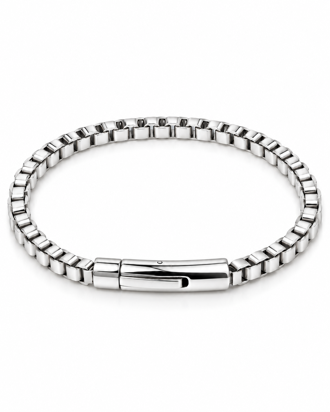 Men's stainless steel box link chain bracelet, rhodium plated, barrel push-button clasp