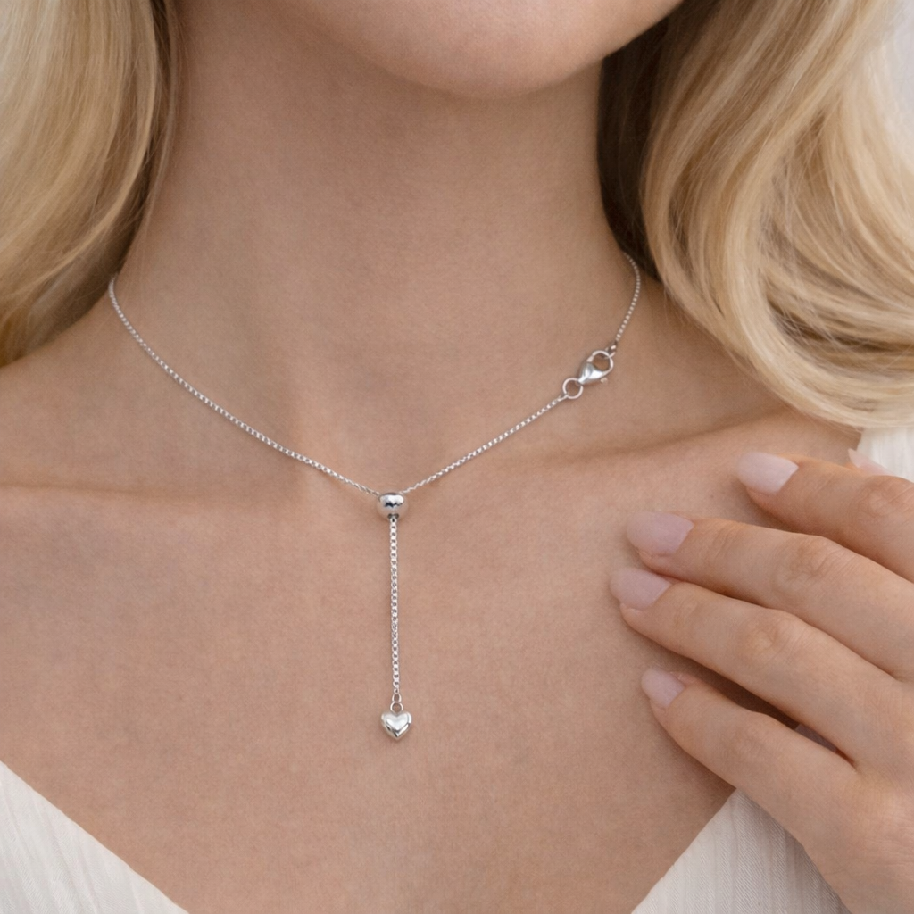 Adjustable Box Chain 925 Sterling Silver, 19 Inch, Rhodium & 18K Gold, Heart Charm, Pendant Necklace